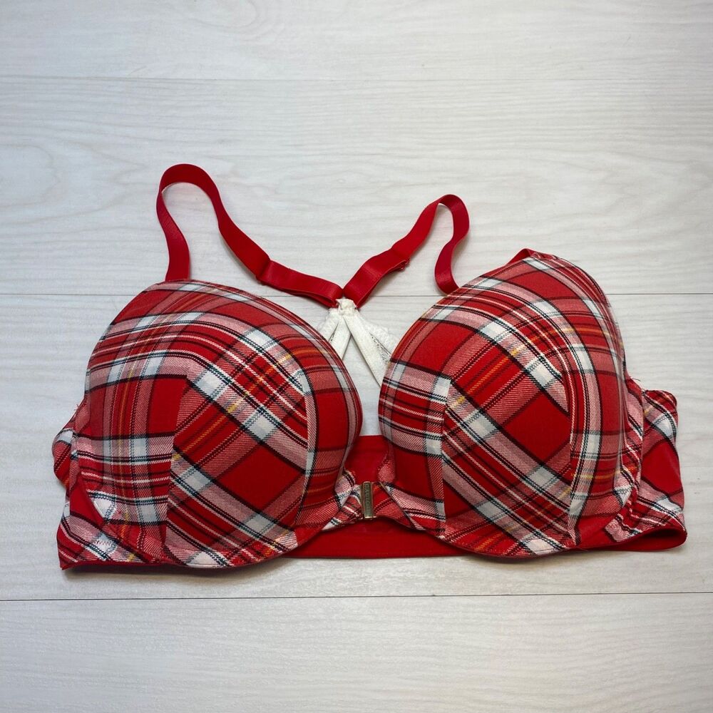 Cacique Bra Womens 42DD Boost‎ Plunge Red Tartan Plaid Lace Racerback